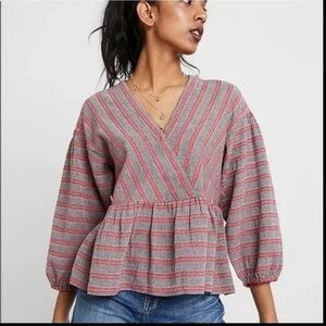 Madewell Striped Bubble Sleeve Peplum Top Gray & Red‎